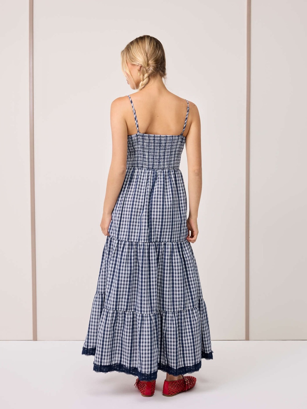 Cider COTTON-BLEND GINGHAM LACE TRIM TIERED SHIRRED MAXI DRESS navy blue XL NEW - Picture 4 of 13